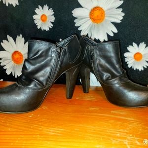 Black leather bootie heels
